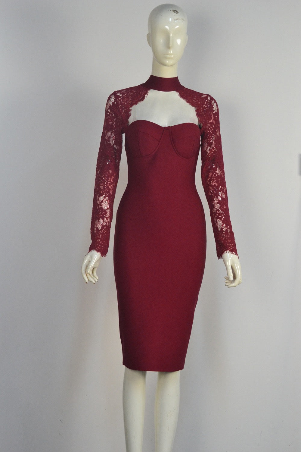 Tailored midi dress with shaping fabric and lace decoration - ALORA