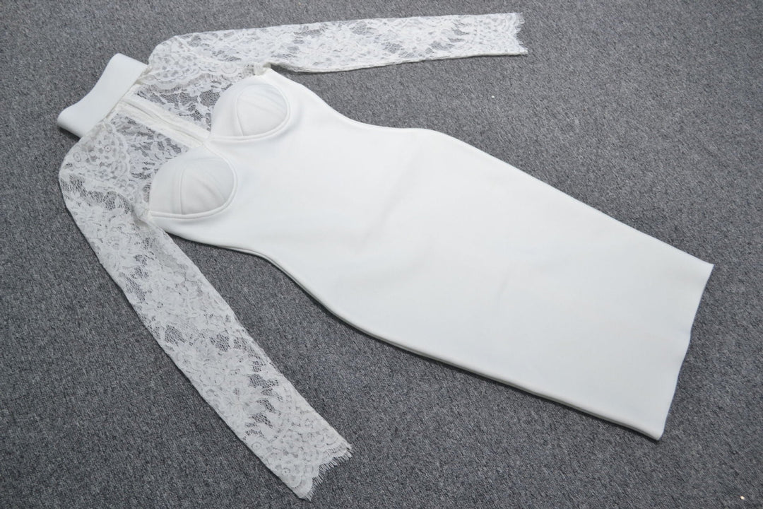 Tailored midi dress with shaping fabric and lace decoration - ALORA