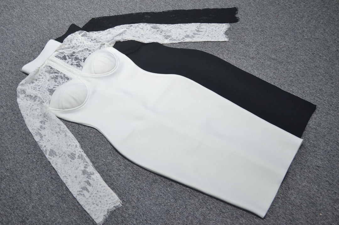 Tailored midi dress with shaping fabric and lace decoration - ALORA