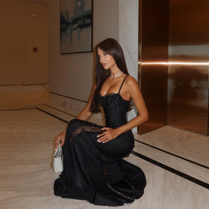 Shiny fitted maxi dress with lace design - Alexa