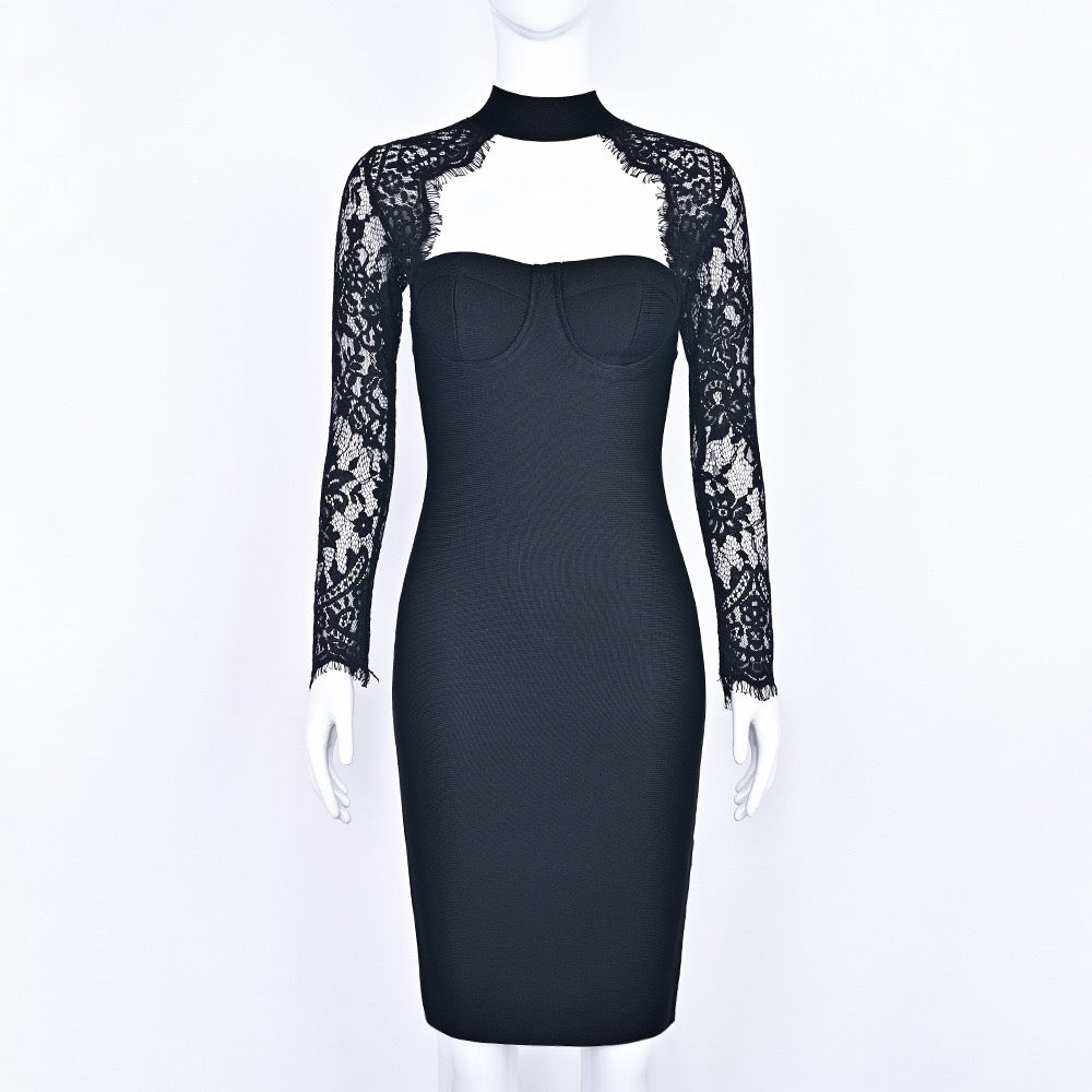Tailored midi dress with shaping fabric and lace decoration - ALORA