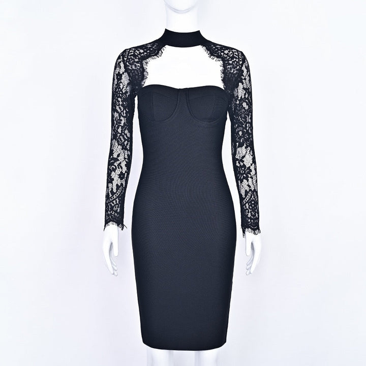 Tailored midi dress with shaping fabric and lace decoration - ALORA