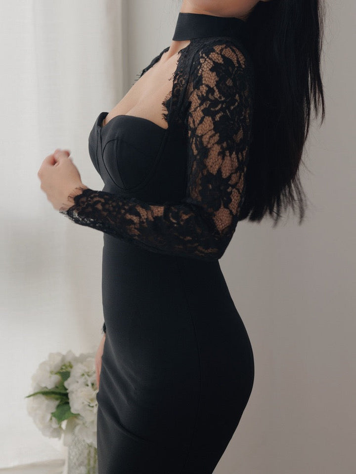 Tailored midi dress with shaping fabric and lace decoration - ALORA