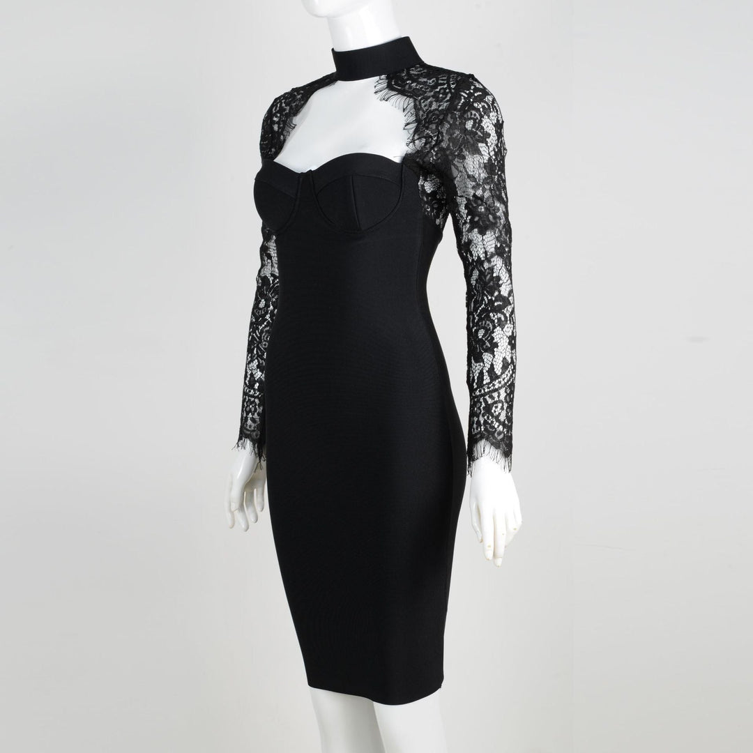 Tailored midi dress with shaping fabric and lace decoration - ALORA