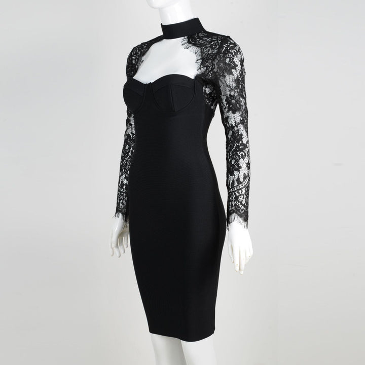 Tailored midi dress with shaping fabric and lace decoration - ALORA