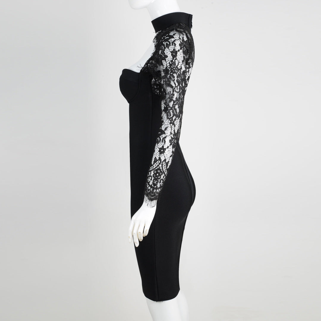Tailored midi dress with shaping fabric and lace decoration - ALORA