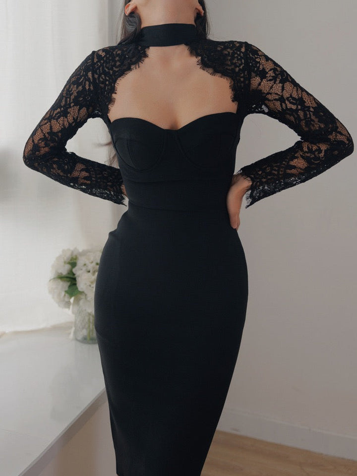 Tailored midi dress with shaping fabric and lace decoration - ALORA