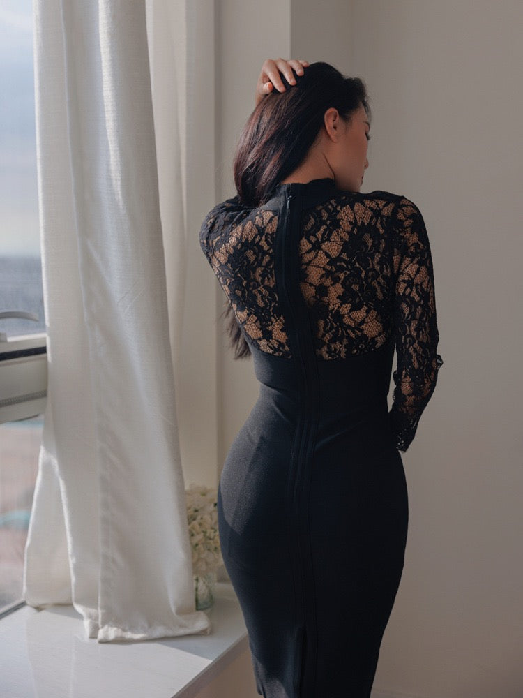 Tailored midi dress with shaping fabric and lace decoration - ALORA