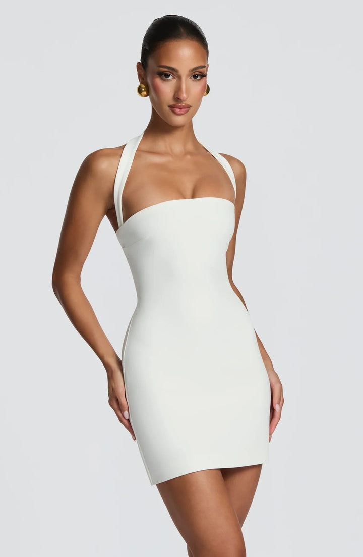 Fitted mini dress in shaping fabric with open-back design – Amor