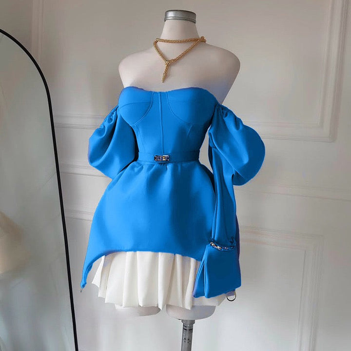שמלת מיני מחוך כתפיים חשופות בעיצוב חצאית בלון קיפולים ואבזמים - SIEL