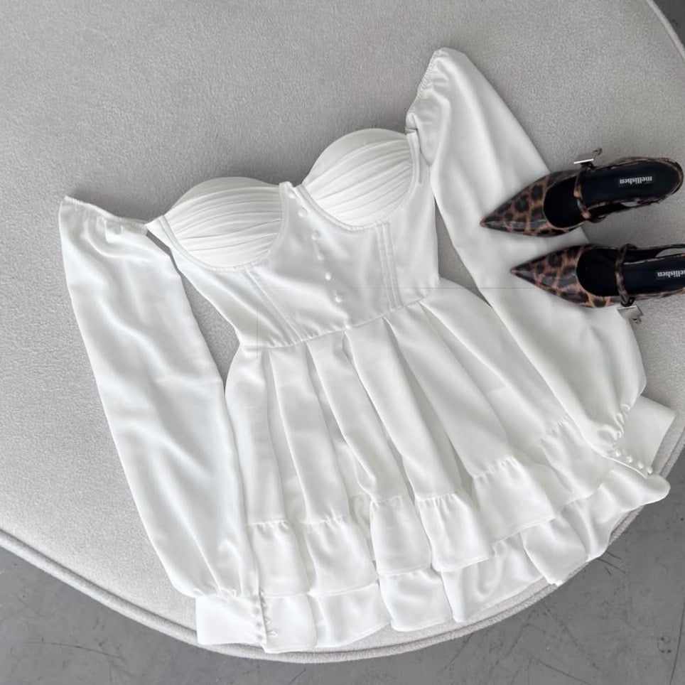 Tiered satin mini dress with button design and A-line cut - HLINA
