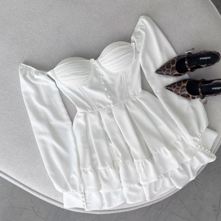 Tiered satin mini dress with button design and A-line cut - HLINA