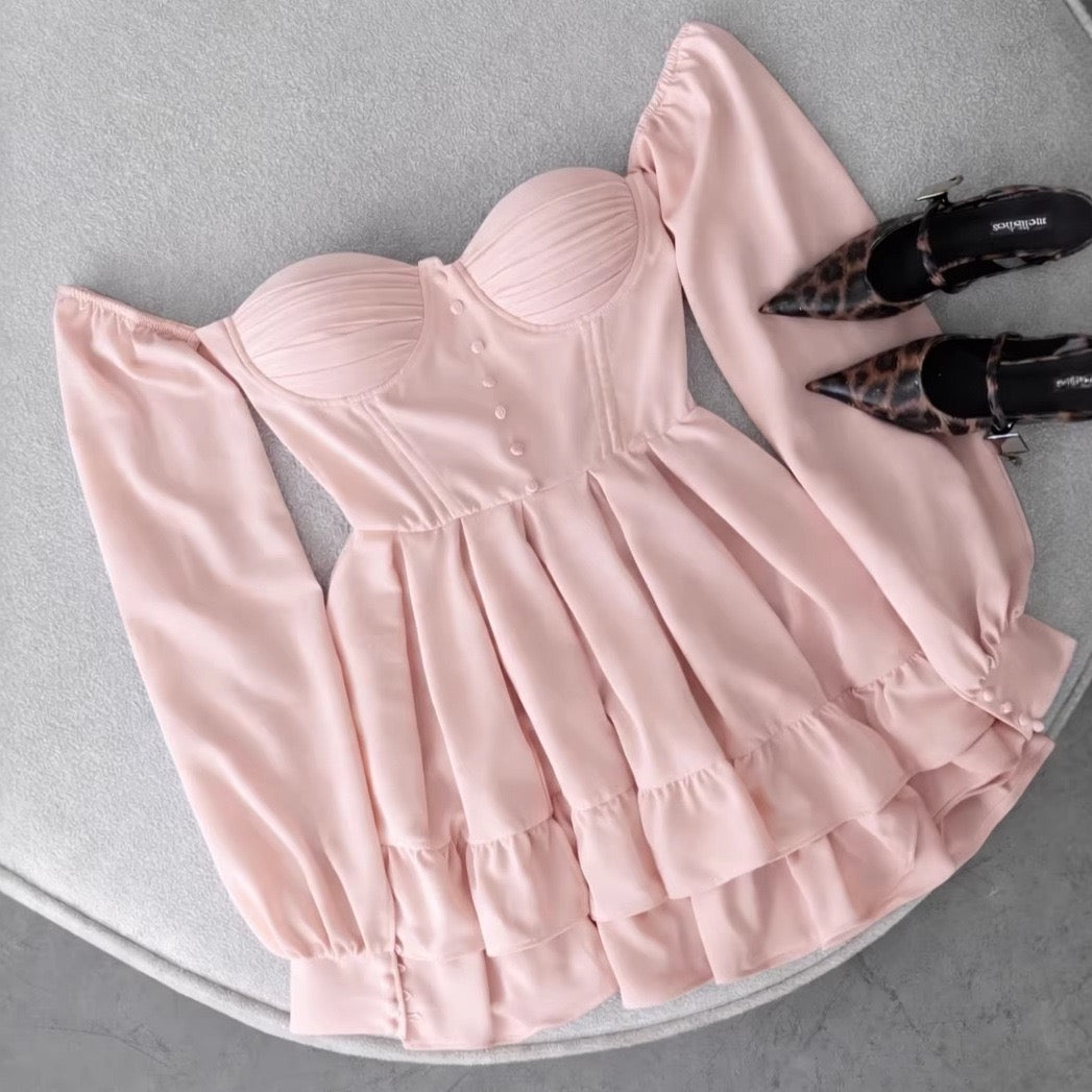 Tiered satin mini dress with button design and A-line cut - HLINA