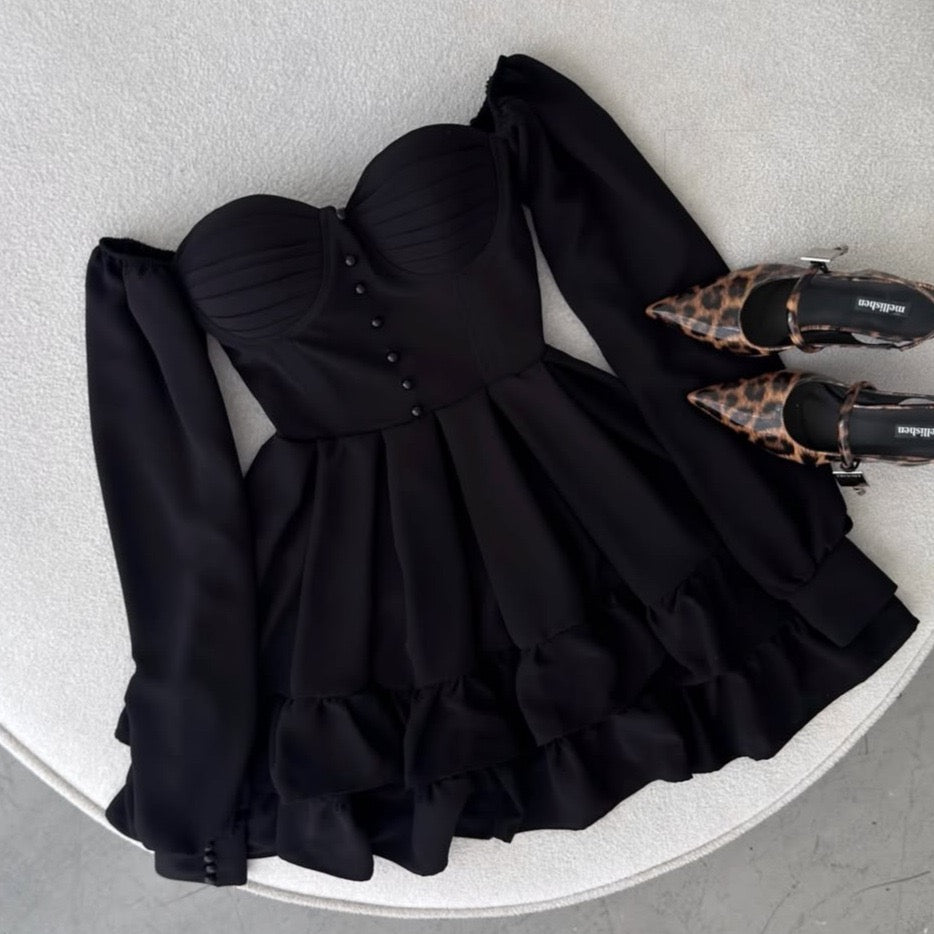 Tiered satin mini dress with button design and A-line cut - HLINA