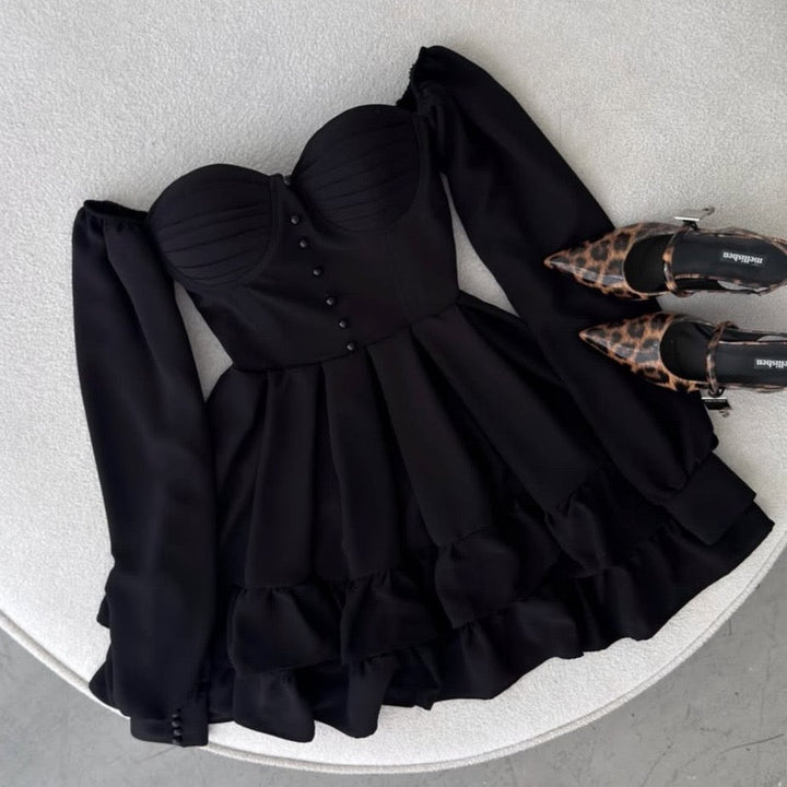 Tiered satin mini dress with button design and A-line cut - HLINA