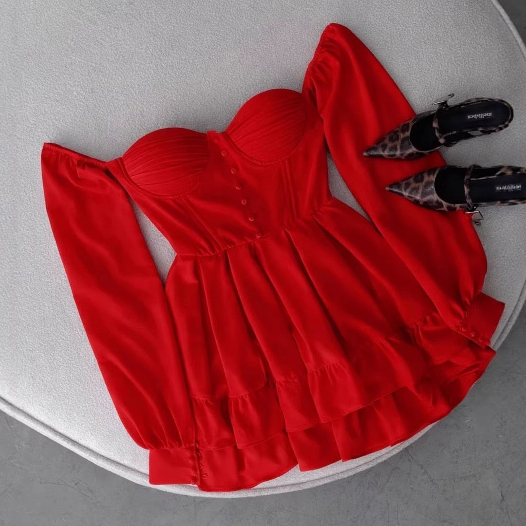 Tiered satin mini dress with button design and A-line cut - HLINA