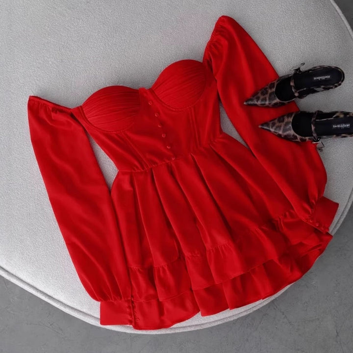 Tiered satin mini dress with button design and A-line cut - HLINA
