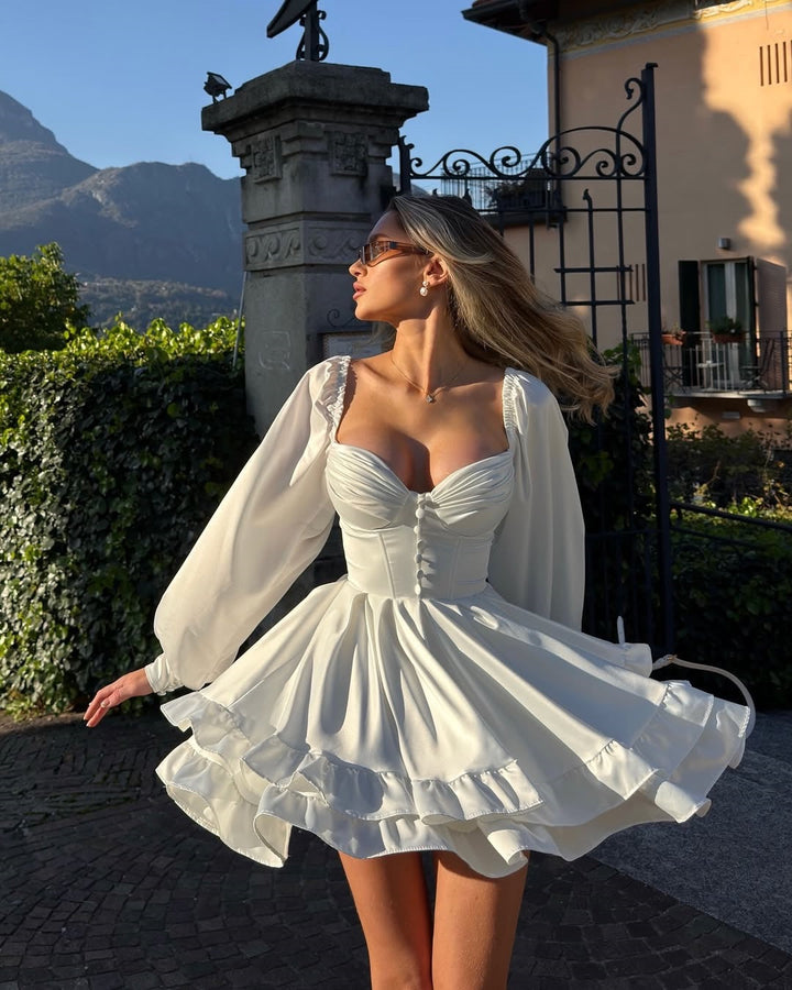 Tiered satin mini dress with button design and A-line cut - HLINA
