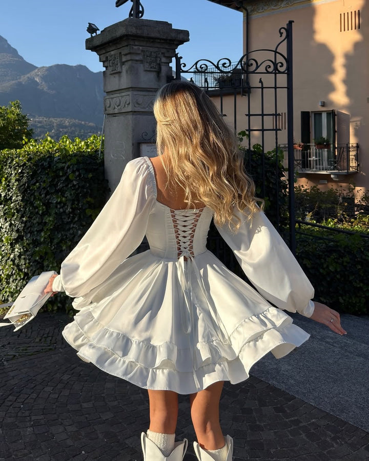Tiered satin mini dress with button design and A-line cut - HLINA