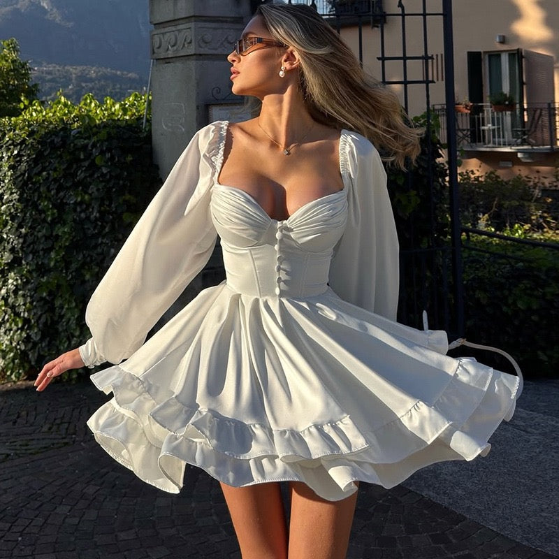 Tiered satin mini dress with button design and A-line cut - HLINA