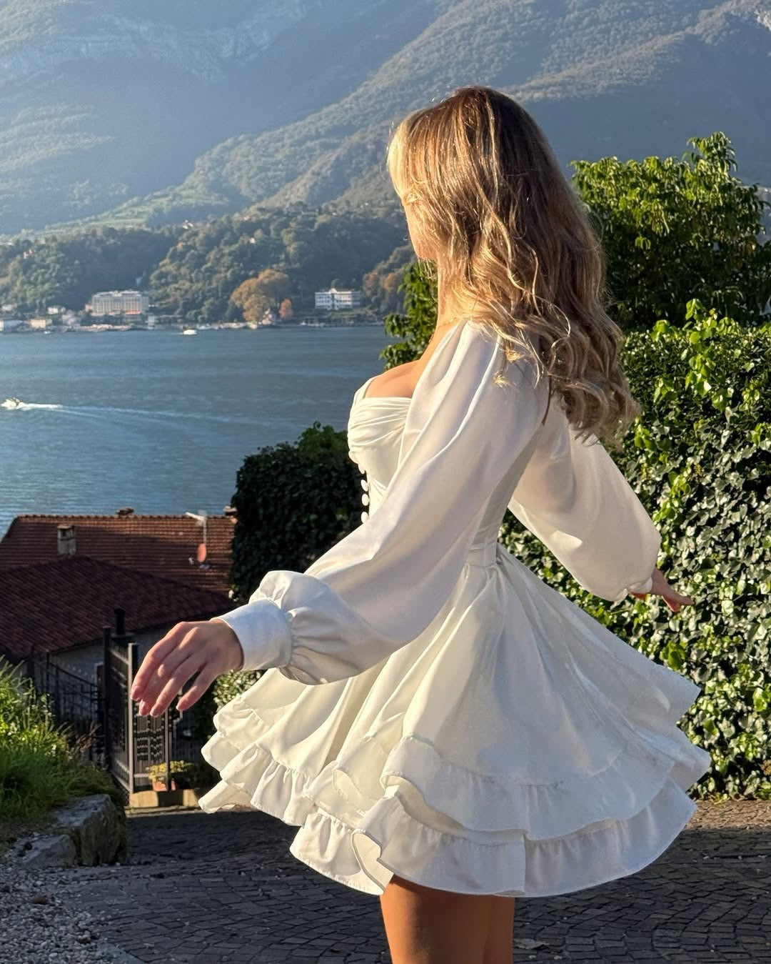 Tiered satin mini dress with button design and A-line cut - HLINA