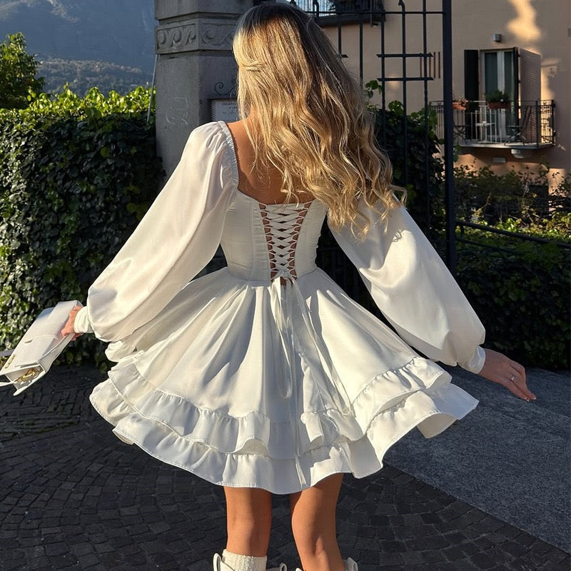 Tiered satin mini dress with button design and A-line cut - HLINA