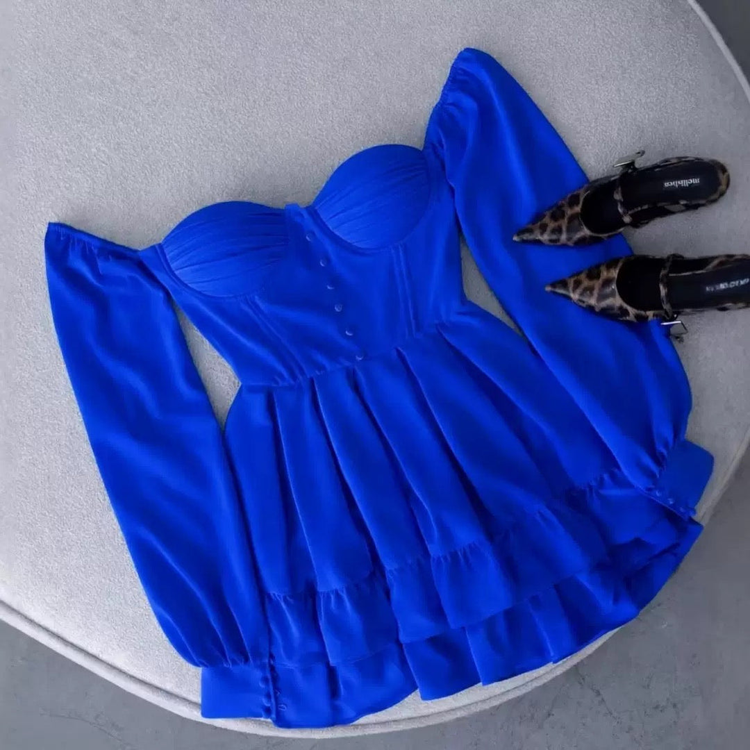 Tiered satin mini dress with button design and A-line cut - HLINA