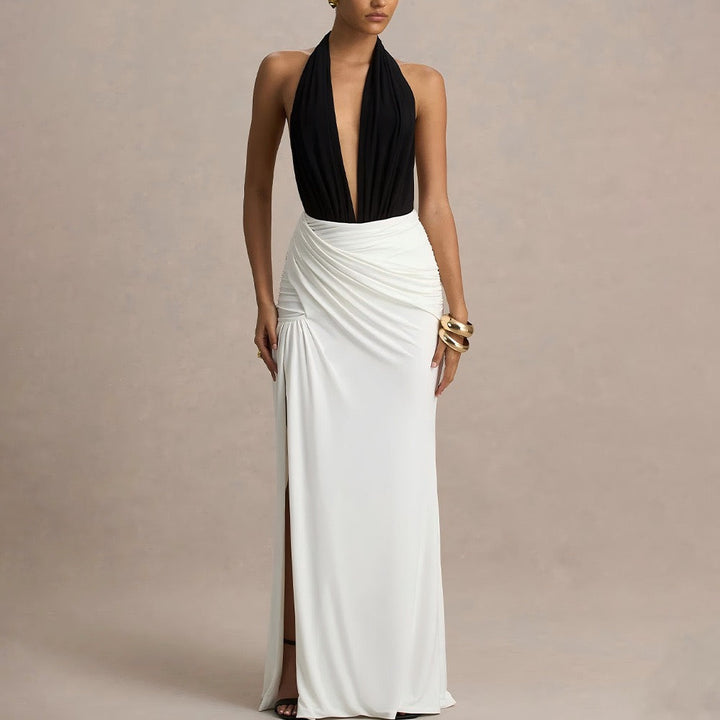 Maxi dress with collar, open back, ruching, and slit design - Tiran