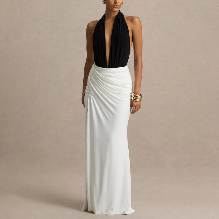 Maxi dress with collar, open back, ruching, and slit design - Tiran