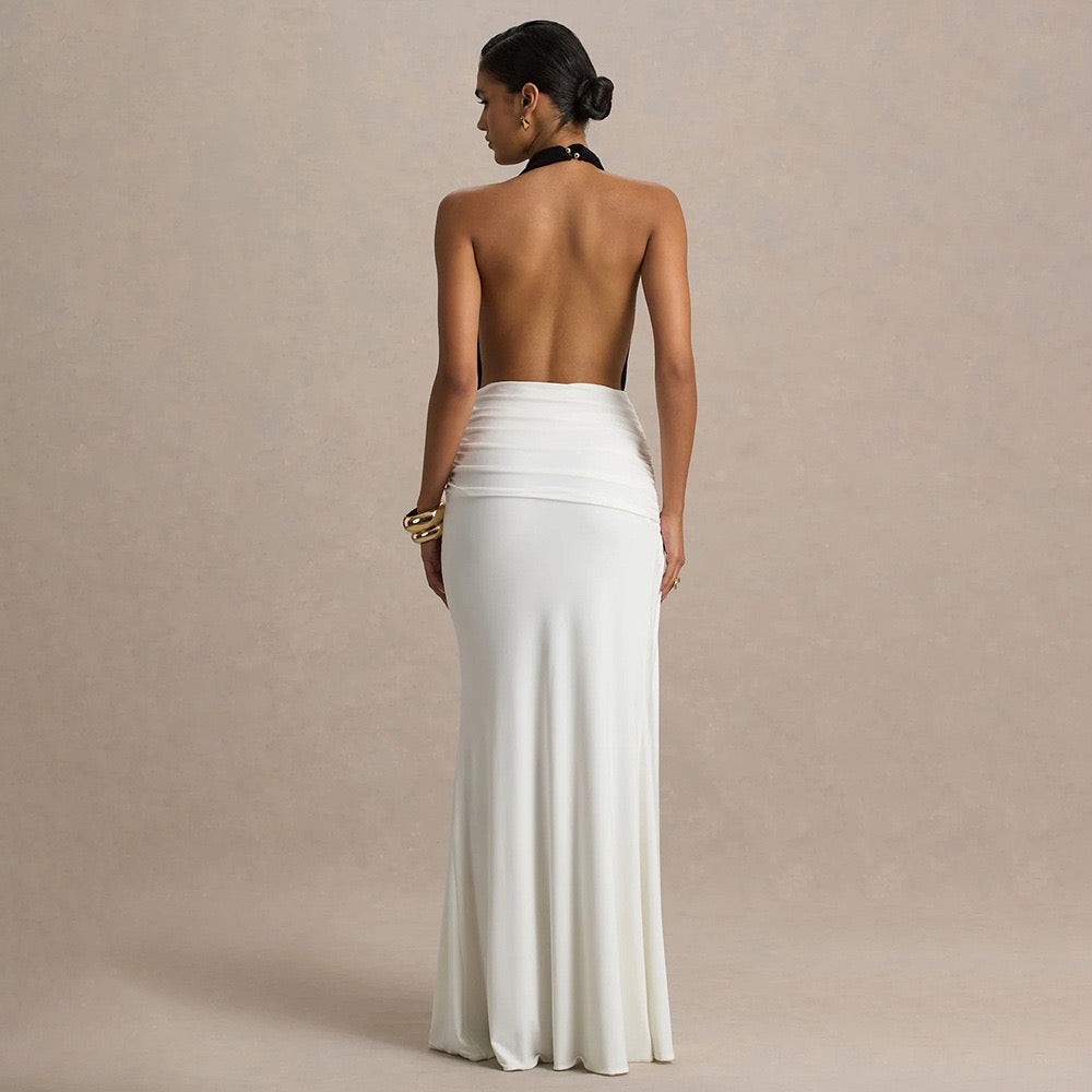 Maxi dress with collar, open back, ruching, and slit design - Tiran