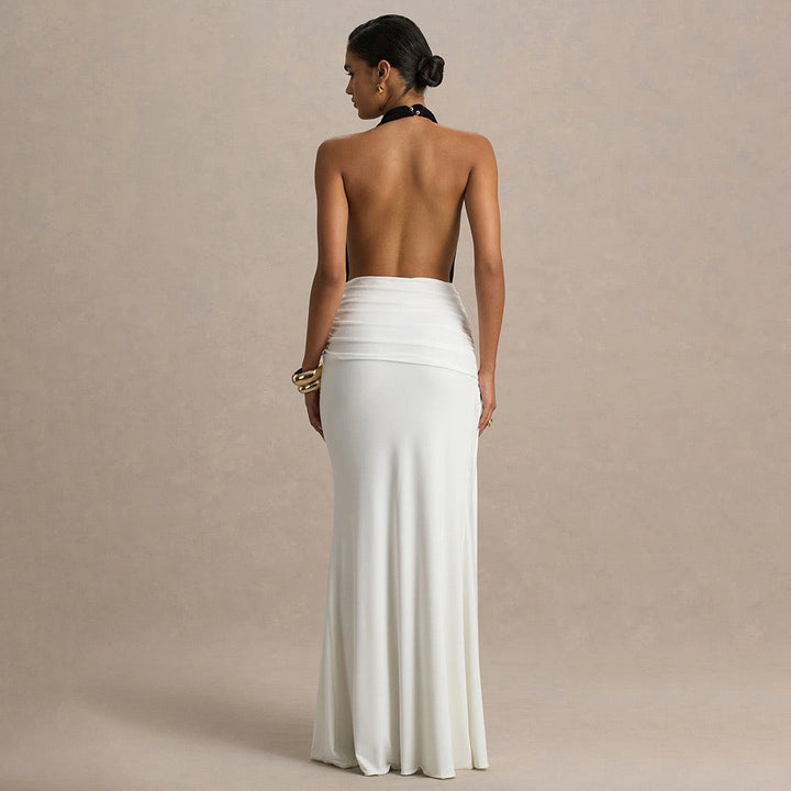 Maxi dress with collar, open back, ruching, and slit design - Tiran