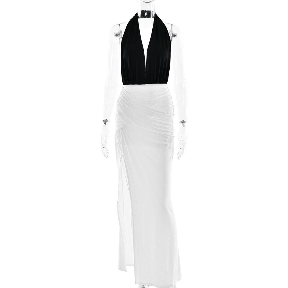 Maxi dress with collar, open back, ruching, and slit design - Tiran