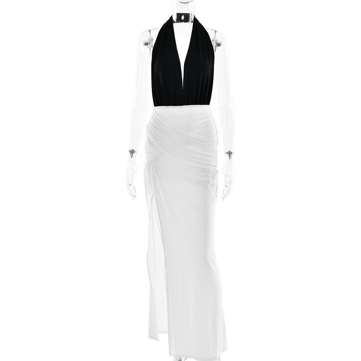 Maxi dress with collar, open back, ruching, and slit design - Tiran