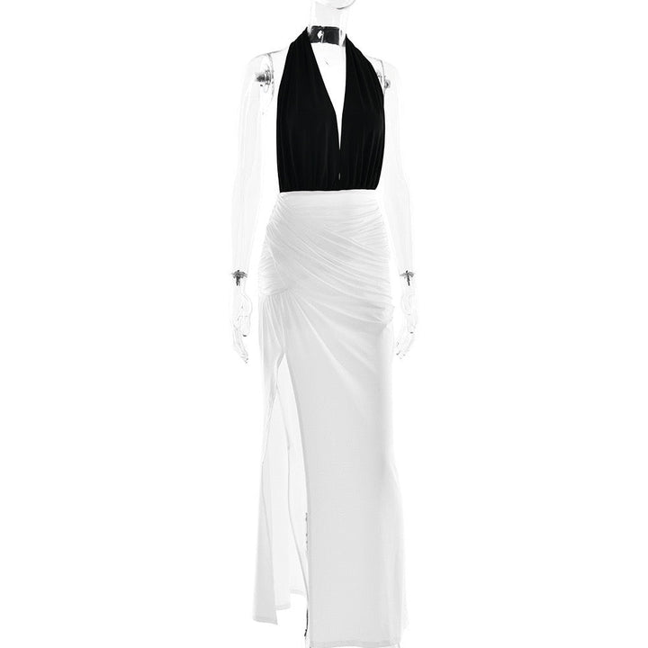 Maxi dress with collar, open back, ruching, and slit design - Tiran