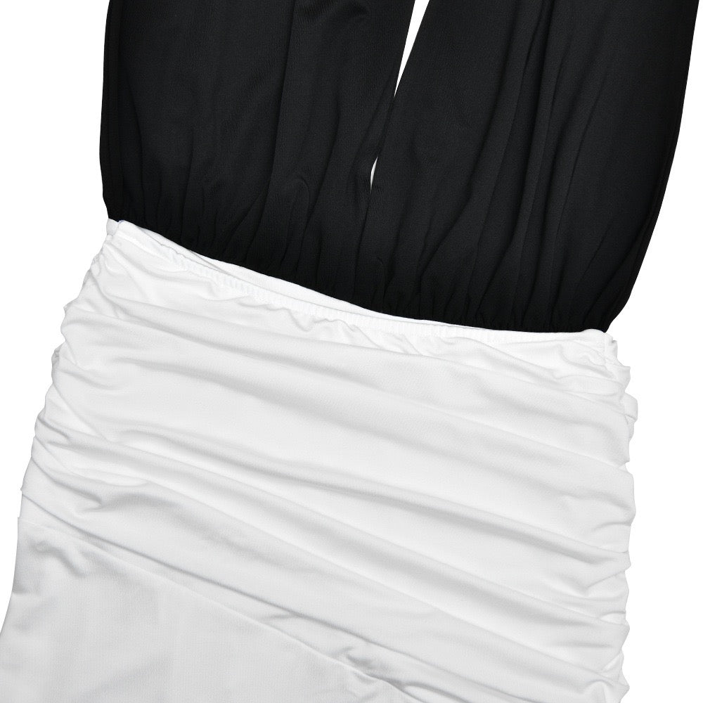 Maxi dress with collar, open back, ruching, and slit design - Tiran