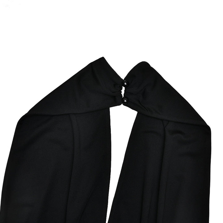 Maxi dress with collar, open back, ruching, and slit design - Tiran