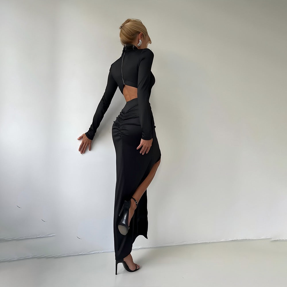 Golf maxi dress with zipper closure, open back, and slit design - Noyal