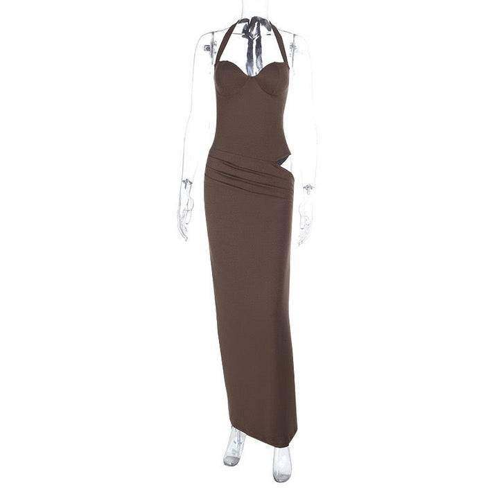 Fitted maxi dress with tie at the back, open back, and cutout - TATIANA