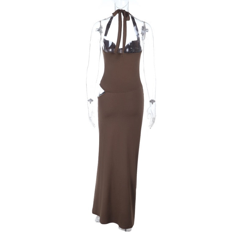 Fitted maxi dress with tie at the back, open back, and cutout - TATIANA