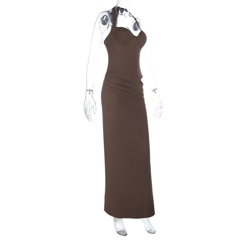 Fitted maxi dress with tie at the back, open back, and cutout - TATIANA