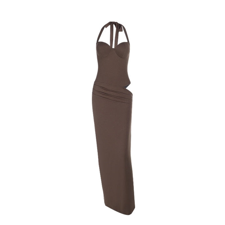 Fitted maxi dress with tie at the back, open back, and cutout - TATIANA