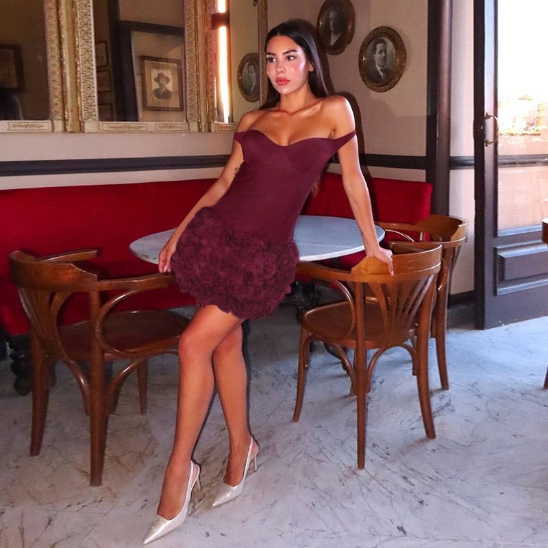 Off-shoulder mini dress with 3D floral design, decorated with a scarf - DAPHANY