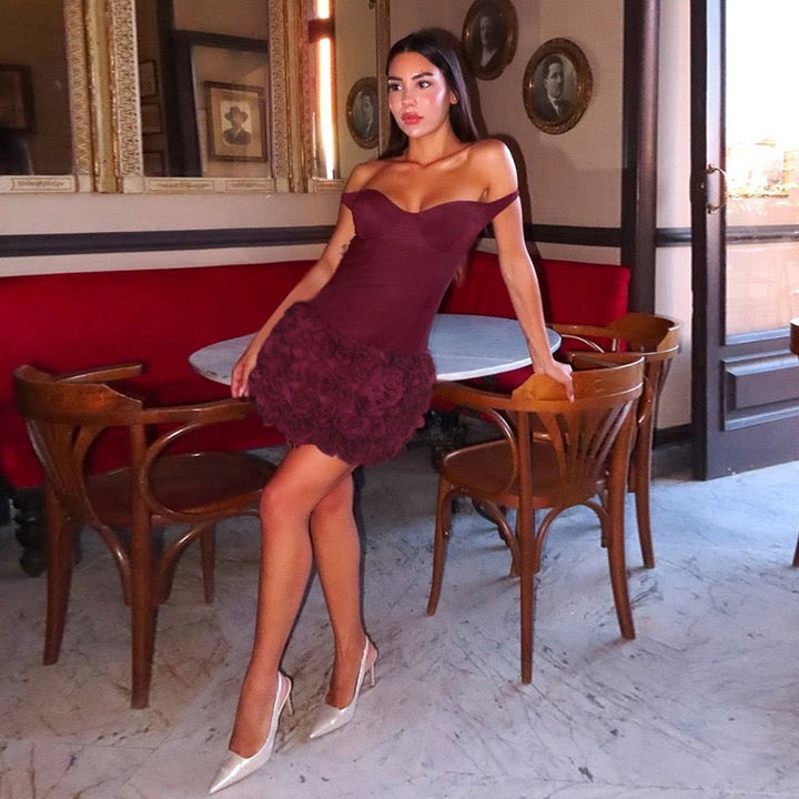 Off-shoulder mini dress with 3D floral design, decorated with a scarf - DAPHANY