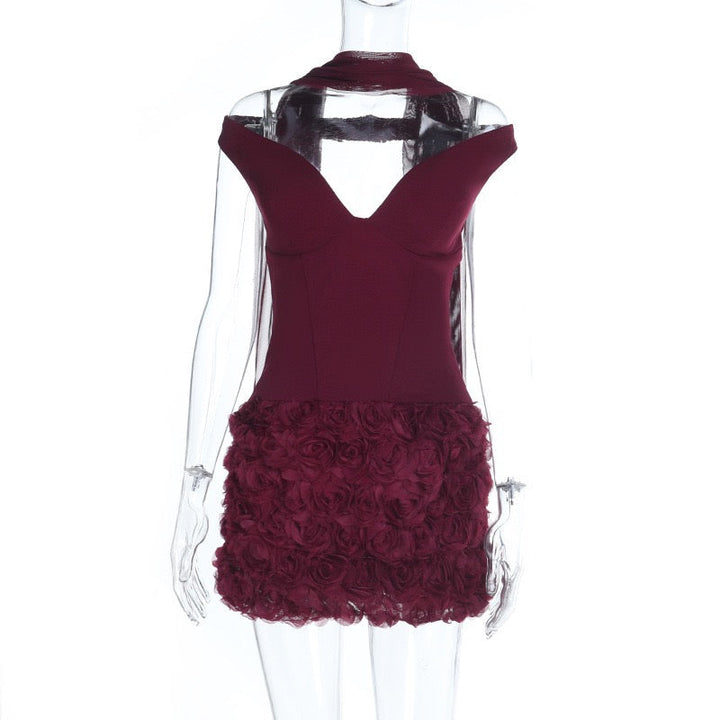 Off-shoulder mini dress with 3D floral design, decorated with a scarf - DAPHANY