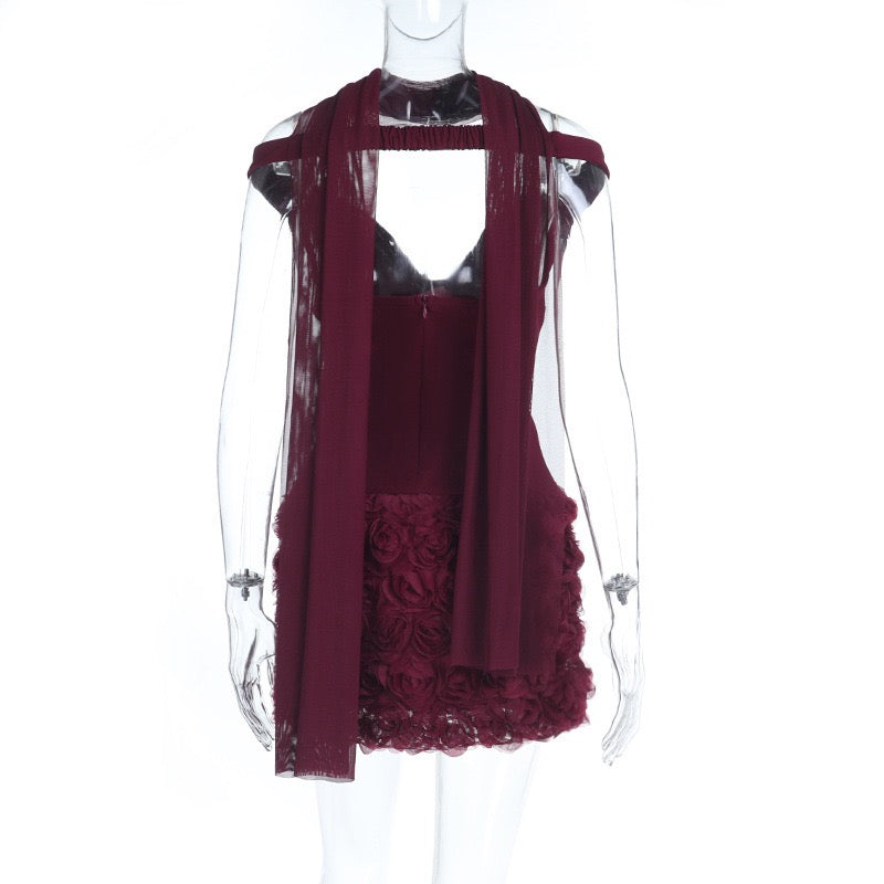 Off-shoulder mini dress with 3D floral design, decorated with a scarf - DAPHANY