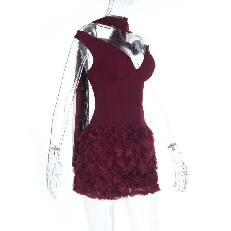 Off-shoulder mini dress with 3D floral design, decorated with a scarf - DAPHANY