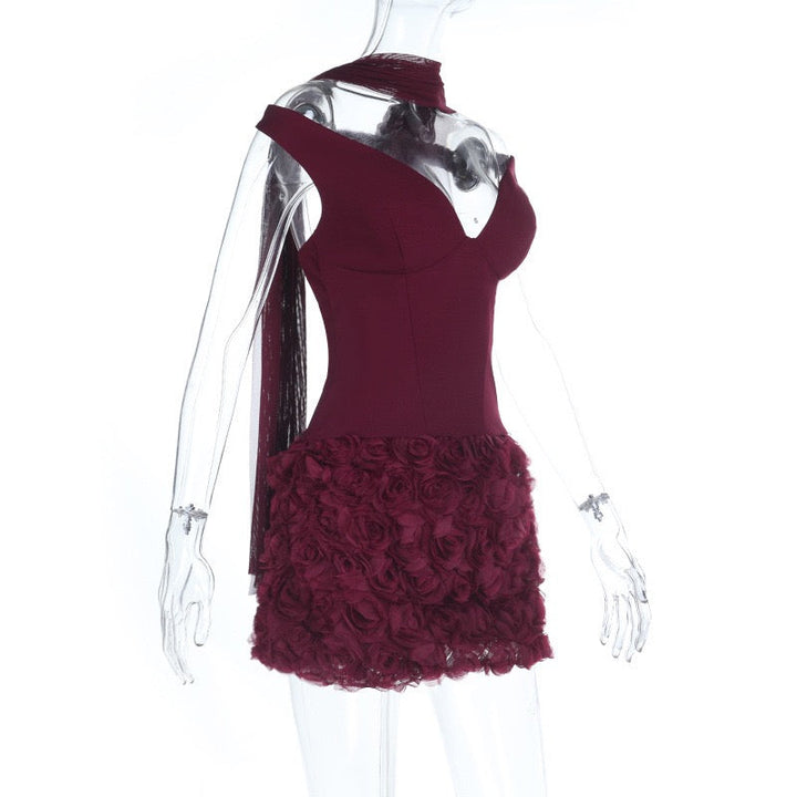 Off-shoulder mini dress with 3D floral design, decorated with a scarf - DAPHANY