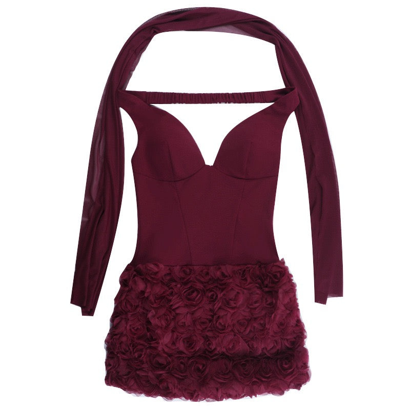 Off-shoulder mini dress with 3D floral design, decorated with a scarf - DAPHANY