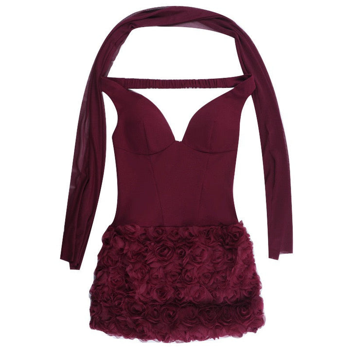 Off-shoulder mini dress with 3D floral design, decorated with a scarf - DAPHANY
