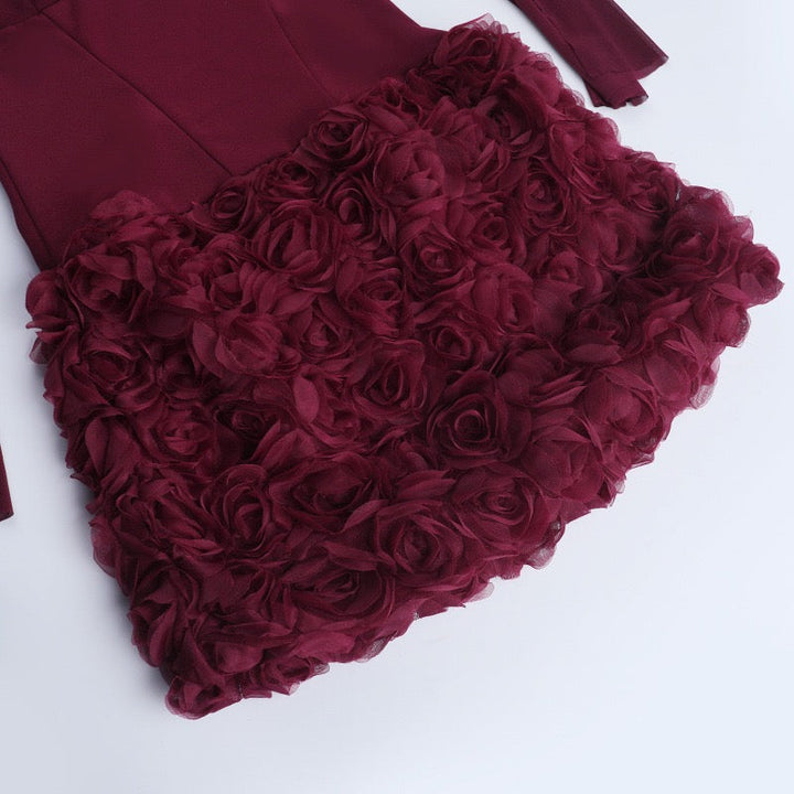 Off-shoulder mini dress with 3D floral design, decorated with a scarf - DAPHANY